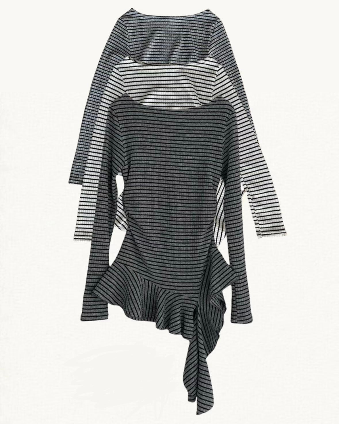 條紋不規則下擺長袖上衣 Striped Asymmetrical Hem Long Sleeve Top