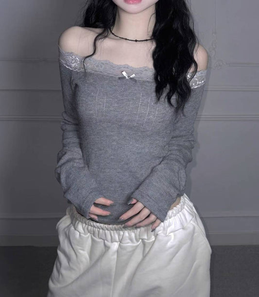 蕾絲蝴蝶結一字肩長袖上衣Lace Bow One-Shoulder Long-Sleeved Top