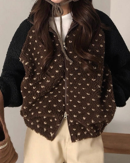 心形波點拼色搖粒絨外套 Heart-Shaped Polka Dot Color-Block Fleece Jacket