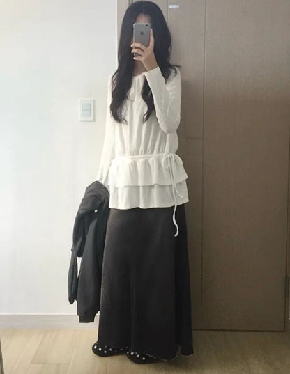 抽繩雙重花邊長袖上衣 Drawstring Double Ruffle Long Sleeve Top