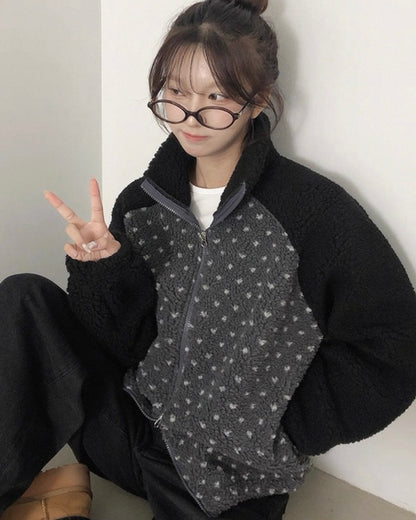 心形波點拼色搖粒絨外套 Heart-Shaped Polka Dot Color-Block Fleece Jacket