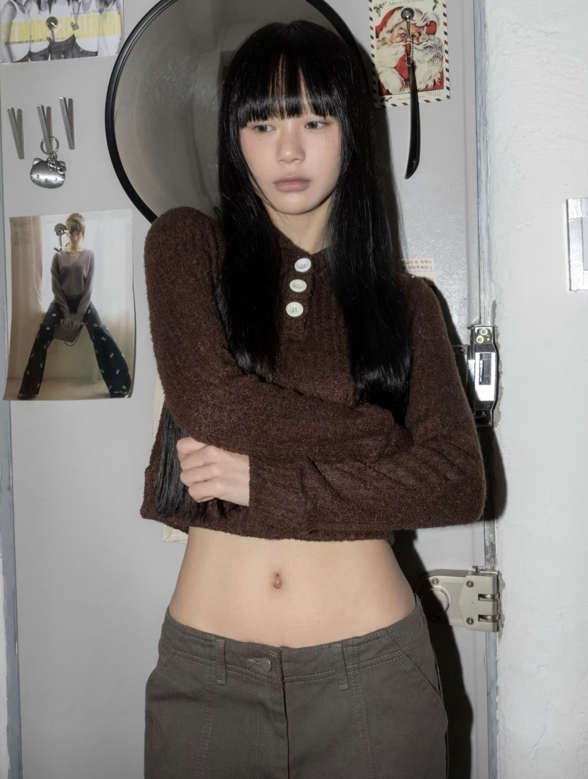 鈕扣連帽短版冷衫 Hooded Cropped Cardigan