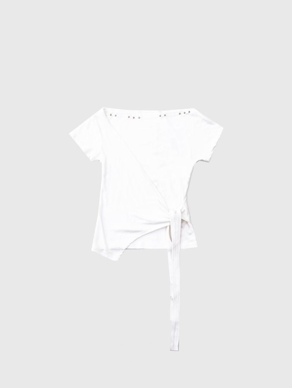 露肩不規則綁帶短袖上衣 Off-Shoulder Asymmetrical Tie Short SleeveTop