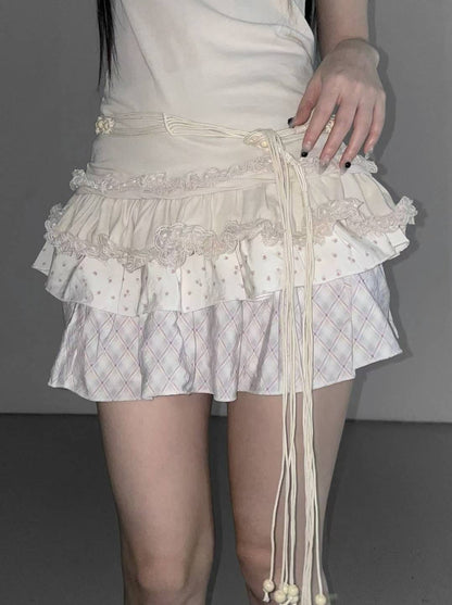 格紋碎花拼接蛋糕裙 Plaid Floral Patchwork Cake Skirt