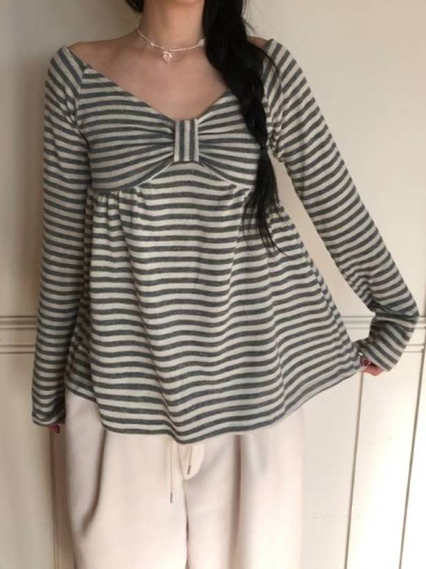 蝴蝶結條紋一字肩 Striped Off-Shoulder Bow Top
