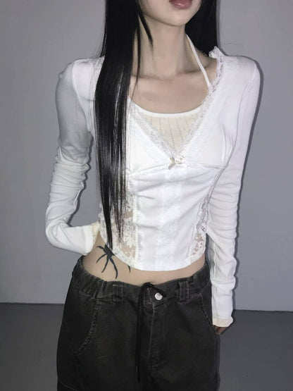 蕾絲假兩件長袖上衣 Lace Fake Two-Piece Long Sleeved Top