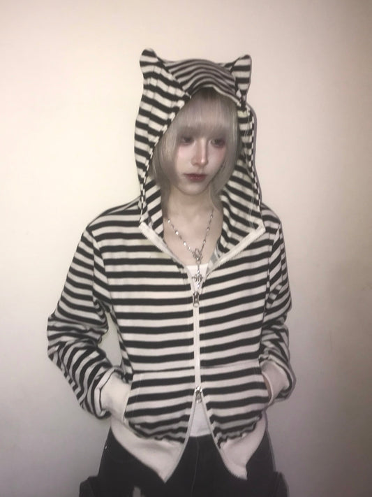 貓耳條紋雙拉鍊外套 Cat Ear Stripe Double Zip Jacket