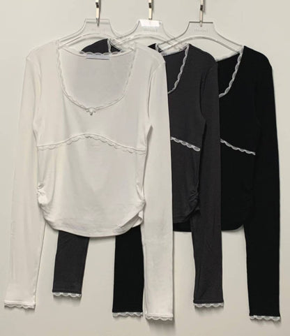 圓領蕾絲皺摺長袖上衣 Round-neck Lace Ruffle Long Sleeves Blouse