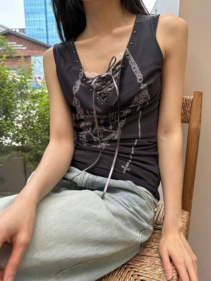 蕩領蕾絲印花背心 Cowl Neck Lace Tank Top