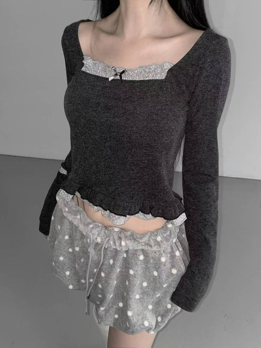 假兩件方領長袖上衣  Square Neck Fake Two-Piece Long-Sleeved Top