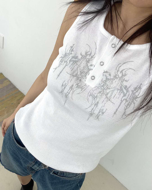 手繪圖騰印花鈕扣背心 Totem Print Button Tank Top