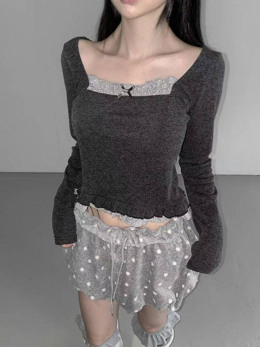 假兩件方領長袖上衣  Square Neck Fake Two-Piece Long-Sleeved Top