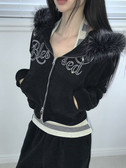 毛領水鑽衛衣外套 Faux Fur Trim Rhinestone Zip-Up Hoodie
