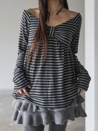 蝴蝶結條紋一字肩 Striped Off-Shoulder Bow Top