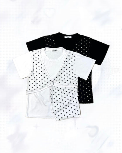 復古波點假兩件短袖 Polka Dot Faux Two-Piece Short Sleeve Top