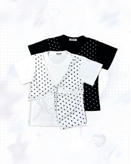 復古波點假兩件短袖 Polka Dot Faux Two-Piece Short Sleeve Top
