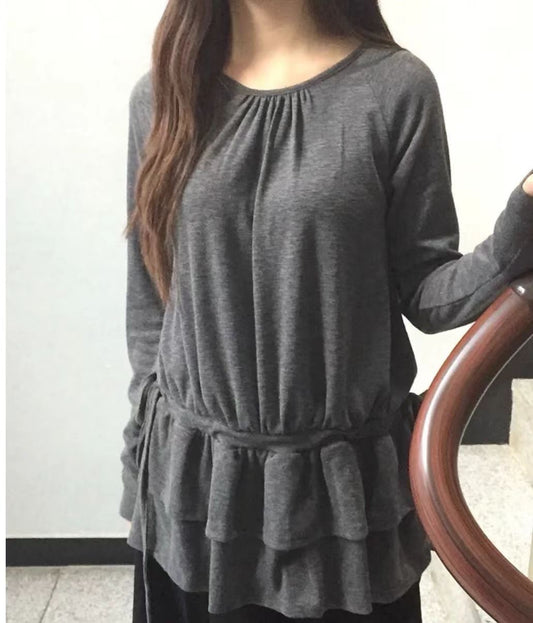 抽繩雙重花邊長袖上衣 Drawstring Double Ruffle Long Sleeve Top