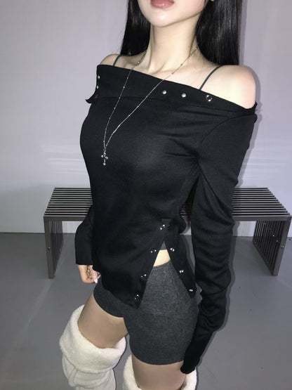 不對稱開衩露肩上衣 Asymmetrical Hem Off-Shoulder Top