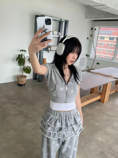 星星印花連帽短袖上衣 Star Print Hooded Short Sleeve Top
