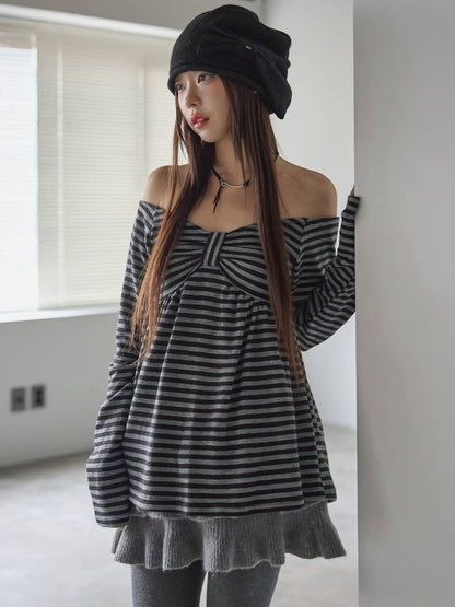 蝴蝶結條紋一字肩 Striped Off-Shoulder Bow Top