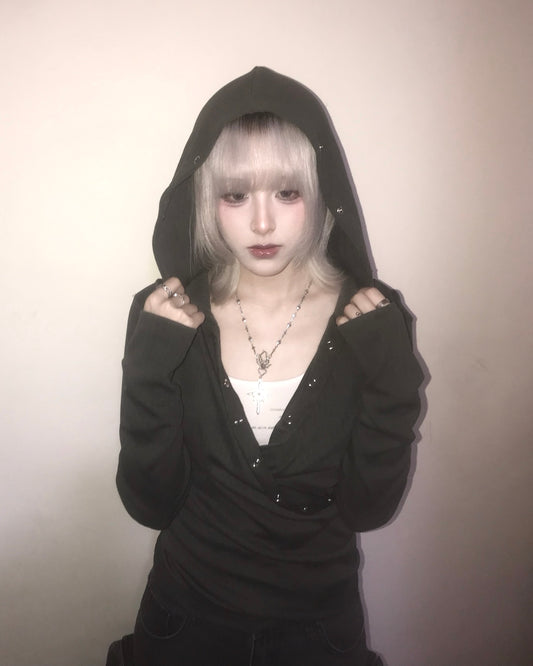 交叉V領釘釦連帽上衣 Crossover V-neck Buttoned Hooded Top