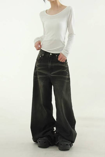 【Unisex】鈕扣彎刀牛仔褲  Button Barrel-leg Jeans