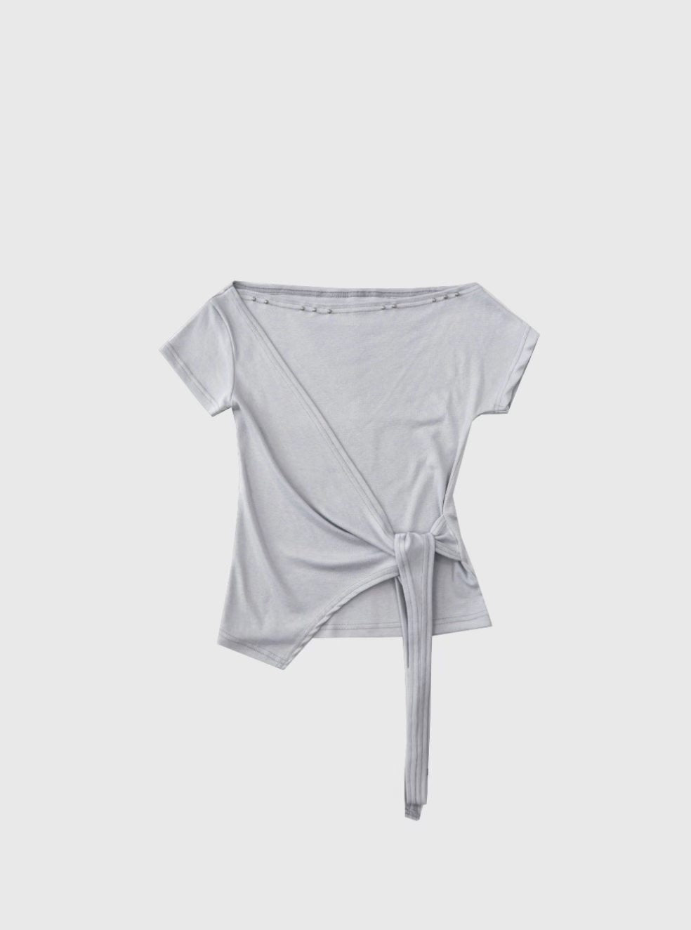 露肩不規則綁帶短袖上衣 Off-Shoulder Asymmetrical Tie Short SleeveTop