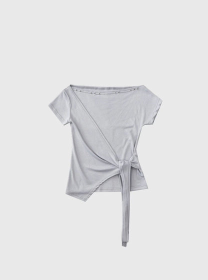 露肩不規則綁帶短袖上衣 Off-Shoulder Asymmetrical Tie Short SleeveTop