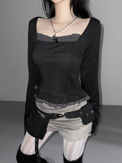 假兩件方領長袖上衣  Square Neck Fake Two-Piece Long-Sleeved Top