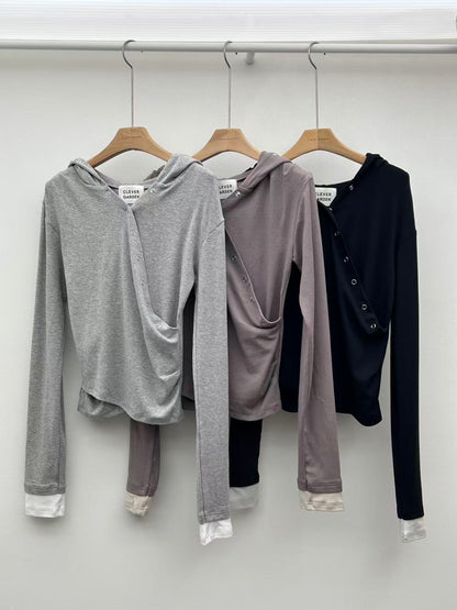 假兩件v領連帽長袖上衣 Fake Two-Piece V-Neck Hooded Long-Sleeved Top