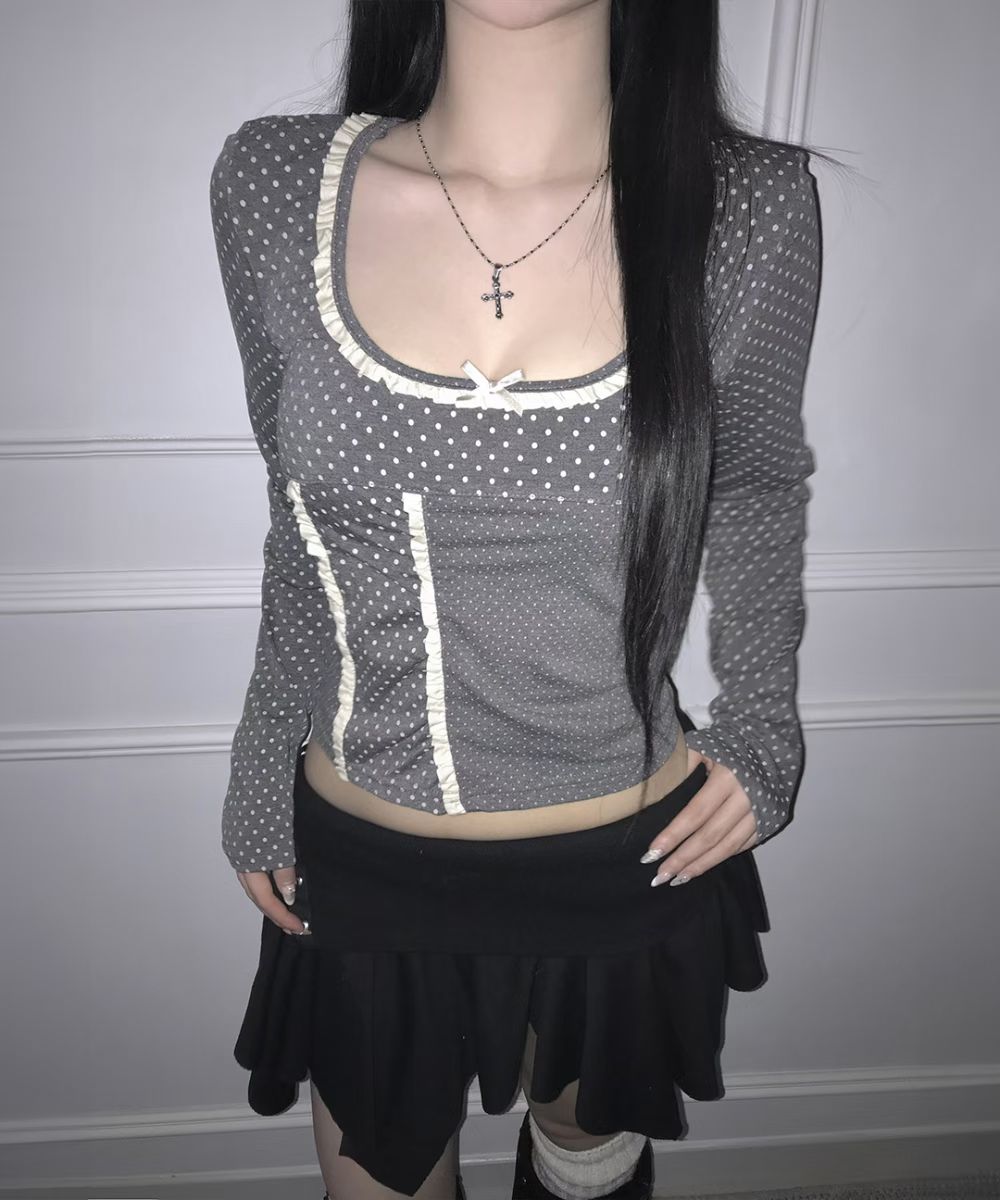 蕾絲波點拼接上衣 Polka Dot Lace Patchwork Top