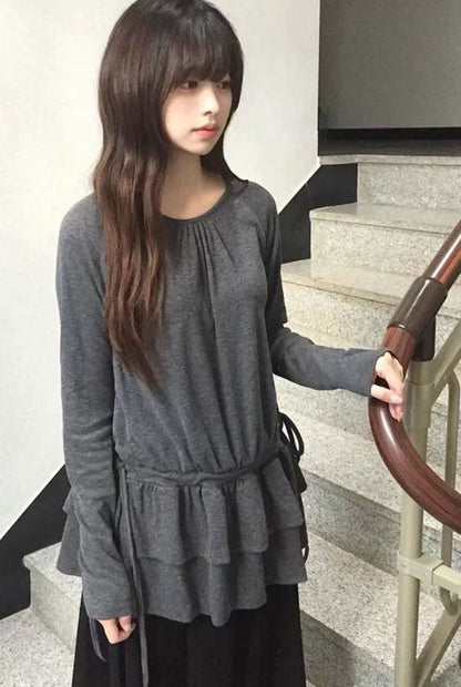 抽繩雙重花邊長袖上衣 Drawstring Double Ruffle Long Sleeve Top