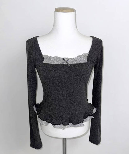 假兩件方領長袖上衣  Square Neck Fake Two-Piece Long-Sleeved Top