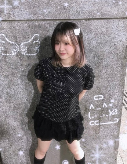 復古娃娃領波點皺摺短袖 Doll Collar Polka Dot Ruffled Short Sleeve Top