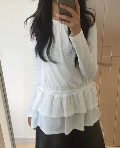抽繩雙重花邊長袖上衣 Drawstring Double Ruffle Long Sleeve Top