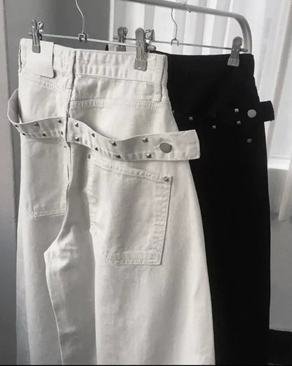 鉚釘腰帶彎刀褲 Rivet Belt Embroidery Wide Pants