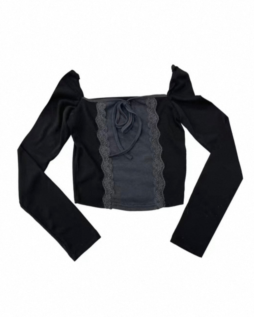 蕾絲拼色一字肩Lace Color-Block Off-Shoulder Top