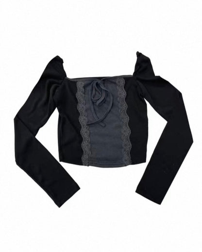 蕾絲拼色一字肩Lace Color-Block Off-Shoulder Top