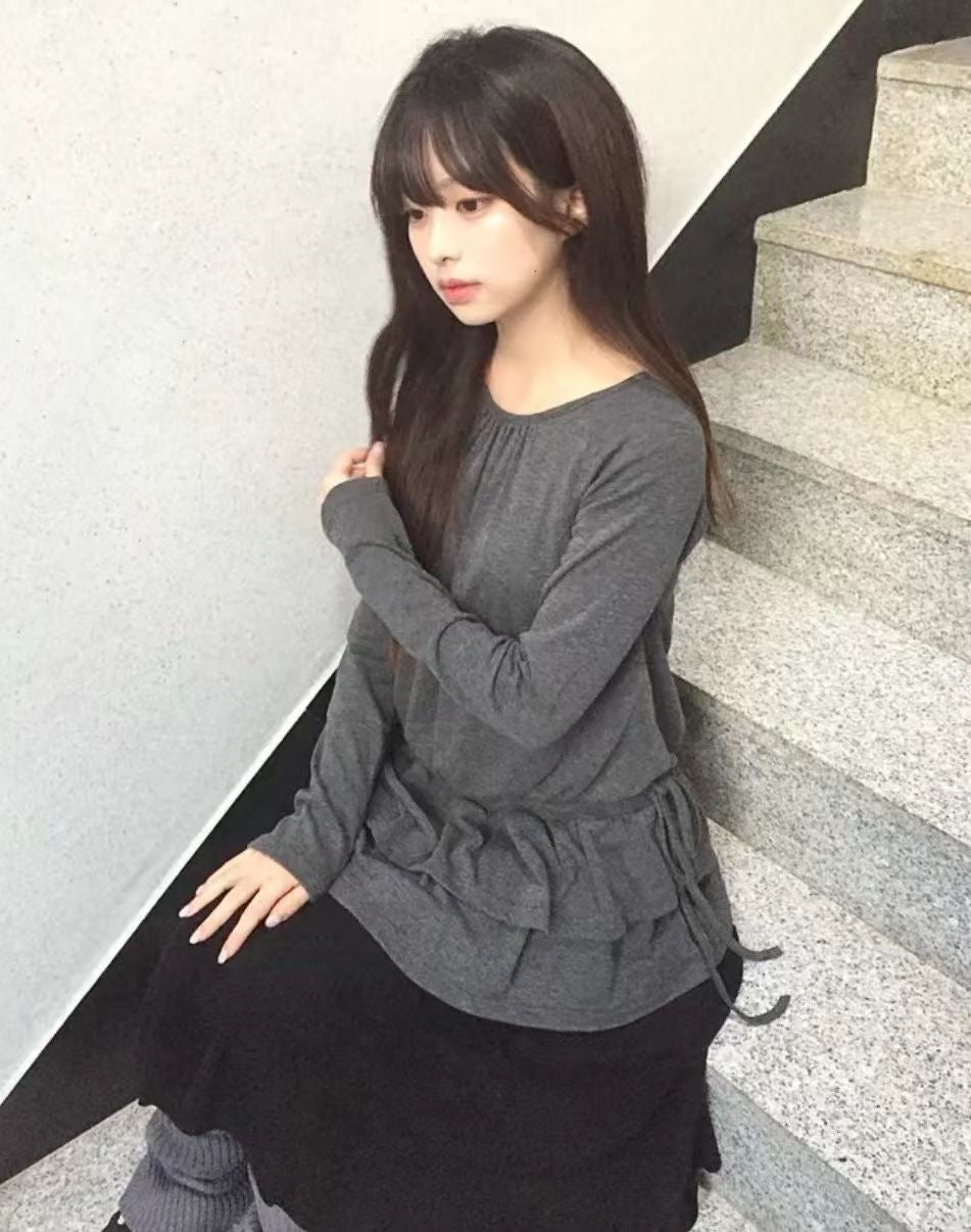 抽繩雙重花邊長袖上衣 Drawstring Double Ruffle Long Sleeve Top