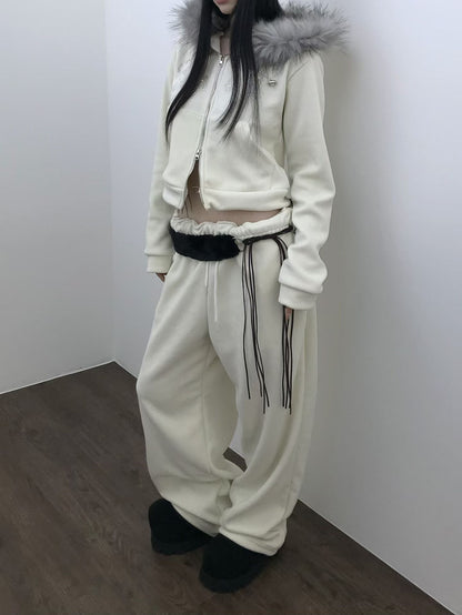 毛領水鑽衛衣外套 Faux Fur Trim Rhinestone Zip-Up Hoodie