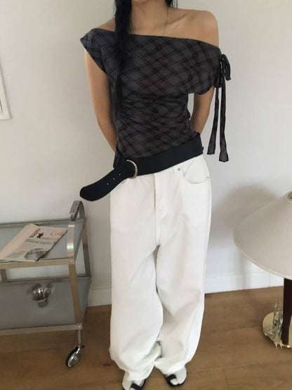 格紋綁帶露肩上衣 Check Tie Off Shoulder Top