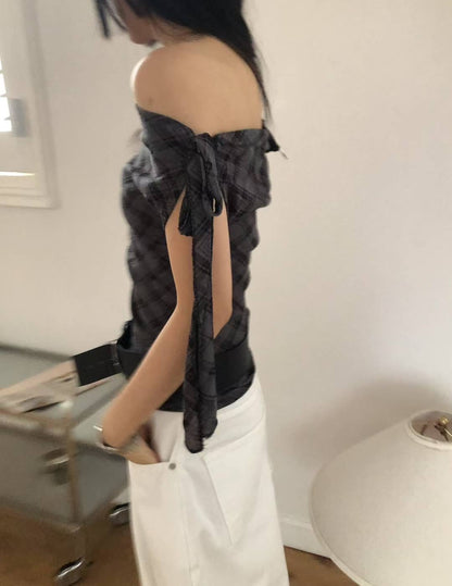 格紋綁帶露肩上衣 Check Tie Off Shoulder Top