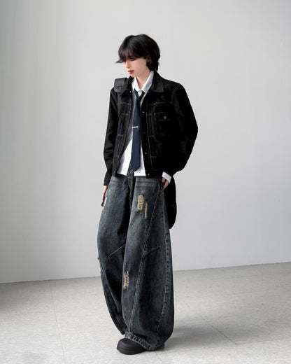 【Unisex】深色水洗彎刀牛仔褲 Dark Washed High-rise Barrel-leg Jeans
