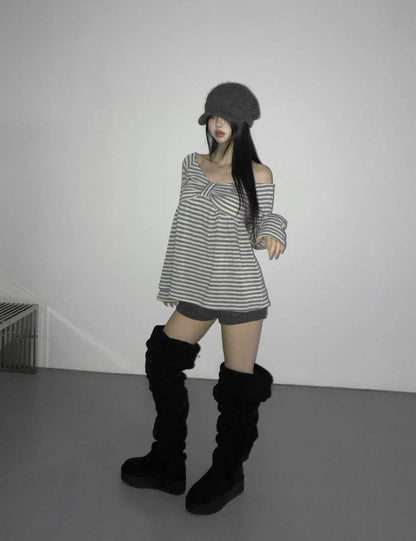 蝴蝶結條紋一字肩 Striped Off-Shoulder Bow Top