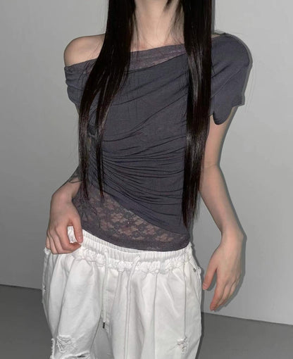 蕾絲皺摺短袖 Lace Pleated Short Sleeves