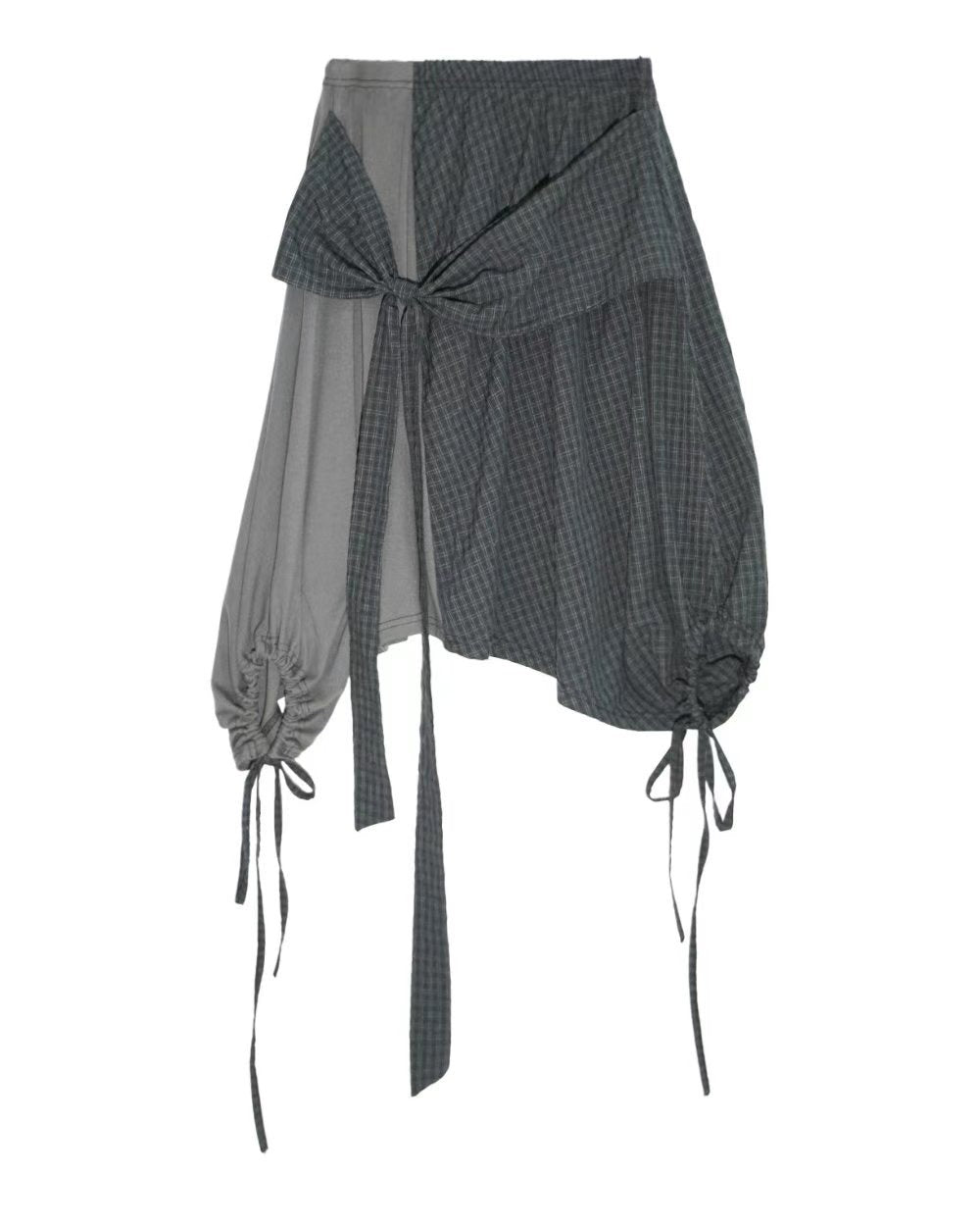 不對稱拼接蝴蝶結系腰中裙 Asymmetric Patchwork Bow Midi Skirt