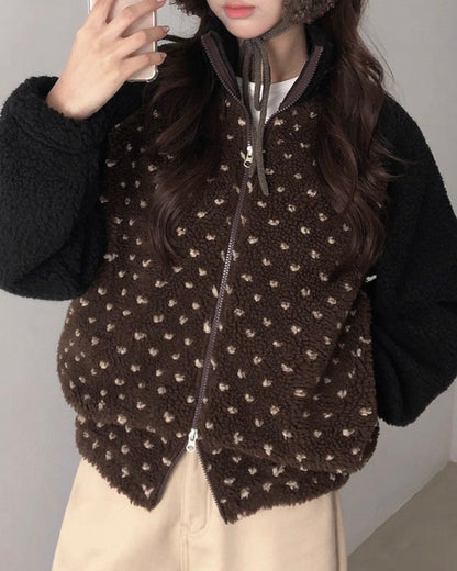 心形波點拼色搖粒絨外套 Heart-Shaped Polka Dot Color-Block Fleece Jacket