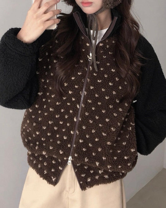 心形波點拼色搖粒絨外套 Heart-Shaped Polka Dot Color-Block Fleece Jacket