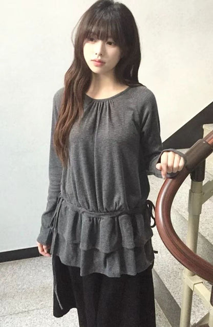 抽繩雙重花邊長袖上衣 Drawstring Double Ruffle Long Sleeve Top