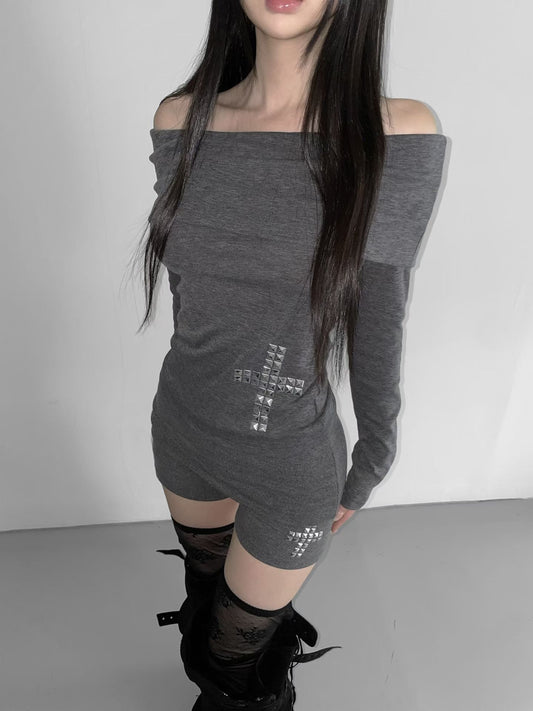 鉚釘十字架一字肩 Rivet Cross One-Shoulder Top